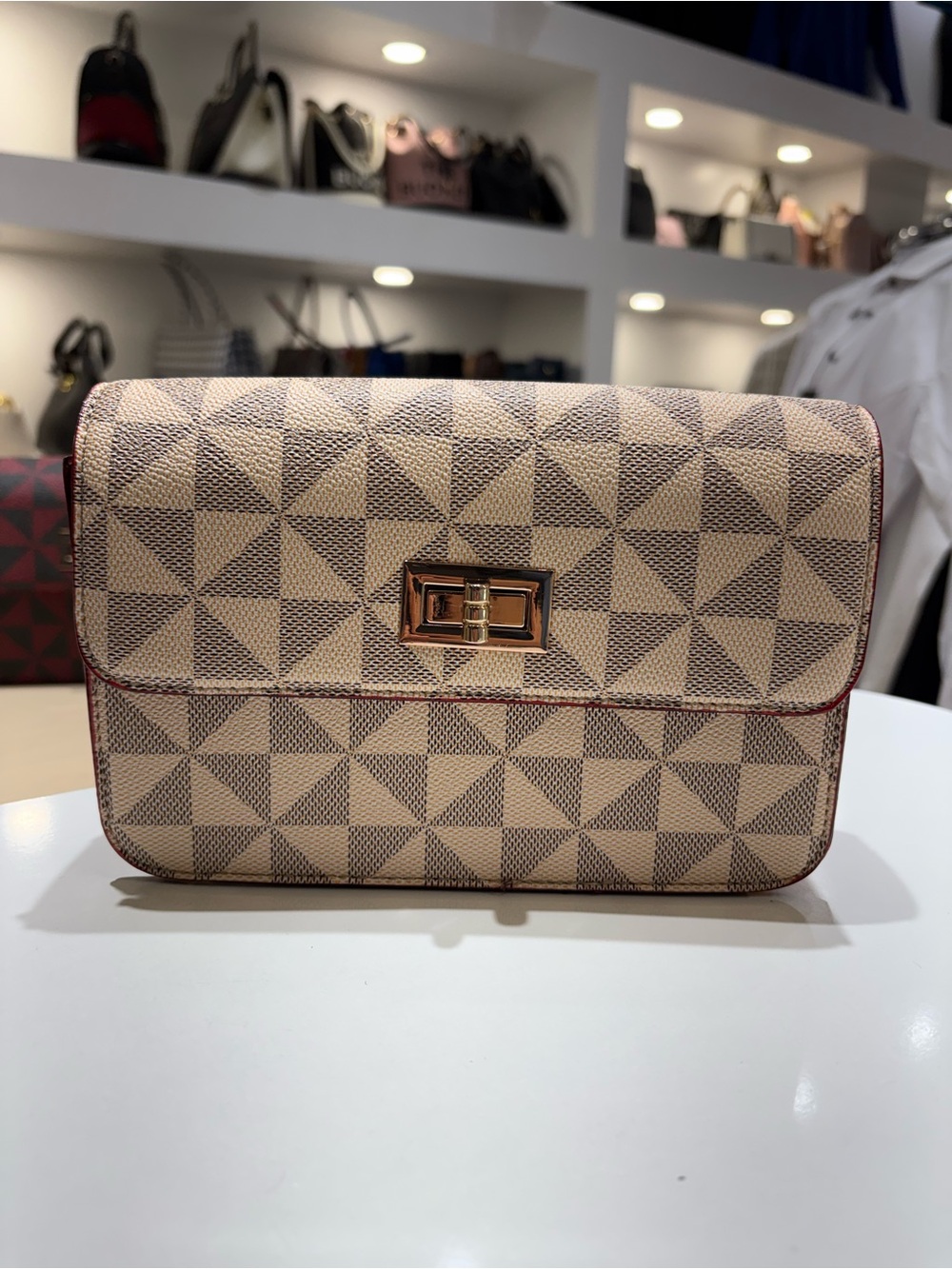 Beige Geometric Crossbody Bag with Rose Gold Hardware